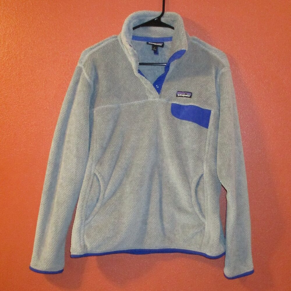 Patagonia Sweatshirt Woman Large Gray Purple Snap Button Warm Outdoor Sweatshirt